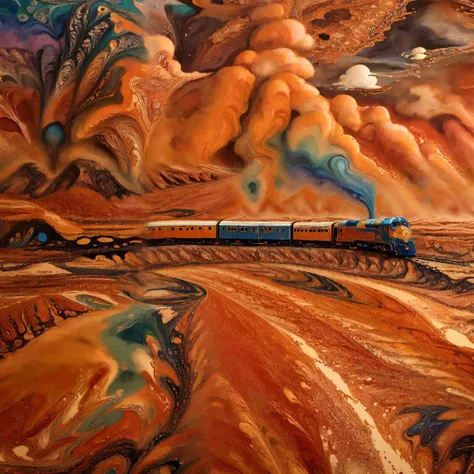 xlomrblng Surrealism, xlmrblng15-1300 magnificent train driver exploring in the Australian outback, aboriginal designs, very detailed, intricate, (raining:1.21), volcanic color palette <lora:xlomrblng:1>