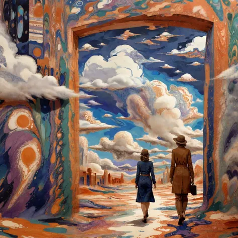 xlomrblng Fauvism, xlmrblng15-1300 magnificent female archaeologist walking through a doorway in a futuristic city, very detailed, intricate, (clouds of ash:1.21), earthy color palette <lora:xlomrblng:1>