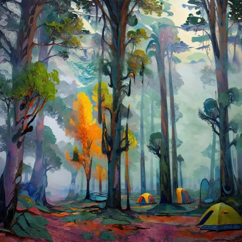 xlomrblng Fauvism, magnificent air elemental camping in a forest, (black:0.5) eucalyptus trees, very detailed, intricate, (foggy:1.21), Greek color palette <lora:xlomrblng:1>