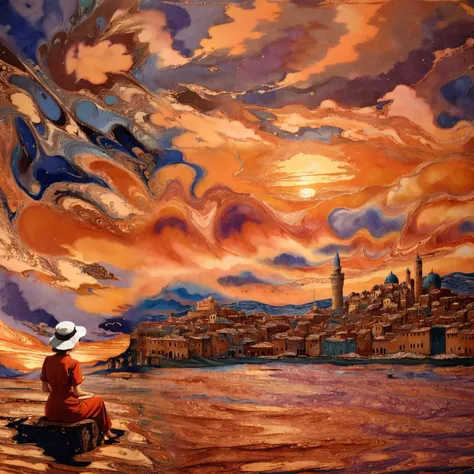 xlomrblng Surrealism, magnificent xlmrblng15-1300 nurse sitting in a Mediterranean town at night, sunset, very detailed, intricate, (stormy:1.21), hot color palette <lora:xlomrblng:1>
