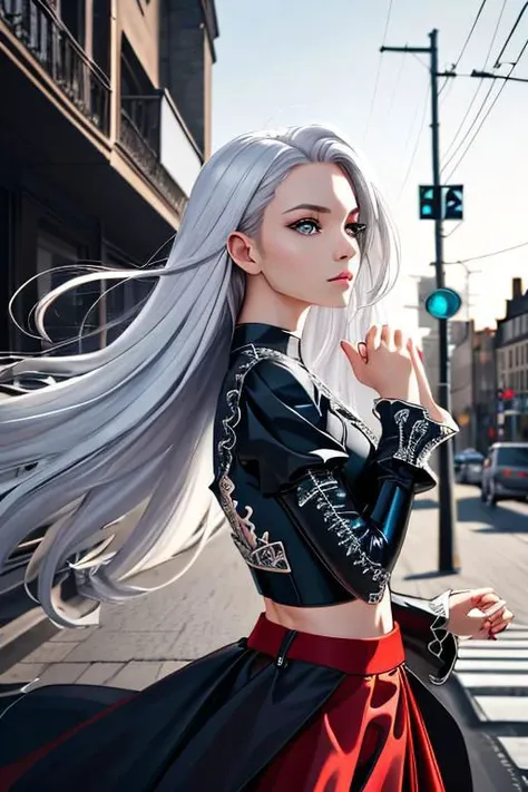 (best quality, masterpiece, front low angle, highest detailed), upper body photo, fashion photography of cute platinum hair girl , European face, dressing high detailed red micro skirt ,latex crop top, sleeve less, deep neckline , generous clevage , (high resolution textures), in dynamic pose, bokeh, (intricate details, hyperdetailed:1.15), , (busy street background), (official art, extreme detailed, highest detailed), HDR+