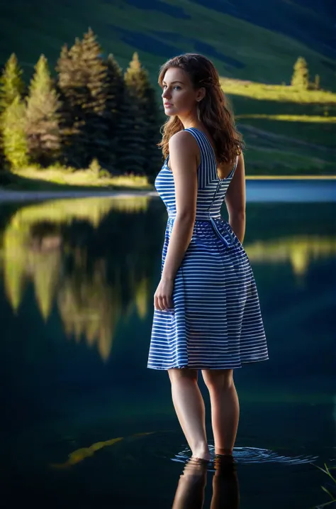 cinematic photo <lora:Susann_SDXL_v1.0-000004:1>
(masterpiece, best quality, high quality, highres, ultra-detailed),
The ohwx woman stands at the edge of a serene, reflective lake, wearing a blue and white striped sundress, with a single light source illuminating her from behind, creating a bold, high contrast look, shot on Nikon Z6, lens: 50mm, focal length: 50mm, ISO: 100, by a world-renowned photographer known for their technical precision and attention to detail . 35mm photograph, film, bokeh, professional, 4k, highly detailed