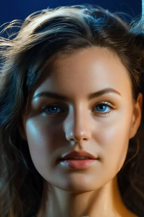 cinematic photo <lora:Susann_SDXL_v1.0-000004:1> 
(masterpiece, best quality, high quality, highres, ultra-detailed),
A stunning portrait of the ohwx woman, lit by a single, soft light source, casting a warm, soft glow on her face, confident, stunning, with the background a deep, rich blue, shot on Canon EOS R6, lens 85mm, focal length  85mm, ISO 100, by world-acclaimed photographer, Sue Bryce . 35mm photograph, film, bokeh, professional, 4k, highly detailed