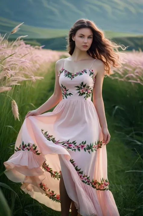 cinematic photo <lora:Susann_SDXL_v1.0-000004:1>
(masterpiece, best quality, high quality, highres, ultra-detailed),
The ohwx woman poses in a field of tall grass, wearing a flowing, pale pink Tea-length floral print A-line dress with Spaghetti Scoop Chiffon Ruffle hem, with a soft, natural light filtering through the blades to create a delicate, ethereal atmosphere, shot on Canon EOS R5, lens: 50mm, focal length: 50mm, ISO: 200, by a world-acclaimed photographer known for their ability to capture the subtle nuances and expressions of their subjects . 35mm photograph, film, bokeh, professional, 4k, highly detailed