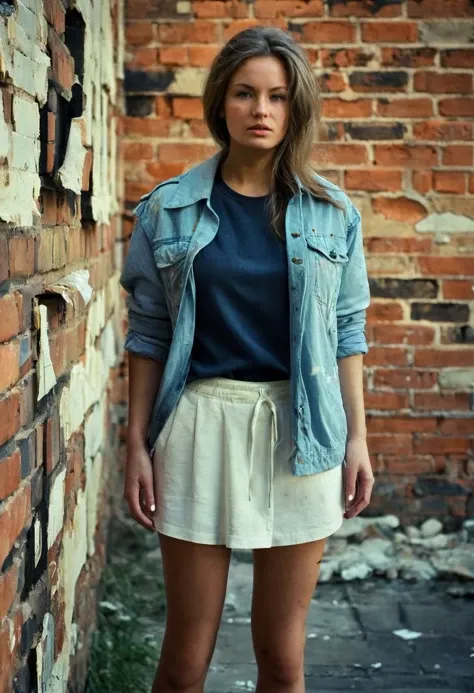 cinematic film still <lora:Susann_SDXL_v1.0-000004:1> 
Dramatic portrait, ohwx woman, standing against a brick wall with tattered clothes, harsh shadows, 1972, 8k, uhd, dslr, high contrast, gritty texture, hip outfit, worn-out sneakers, defined facial lines, renown photographers, Mario Testino, Craig McDean. . shallow depth of field, vignette, highly detailed, high budget, bokeh, cinemascope, moody, epic, gorgeous, film grain, grainy