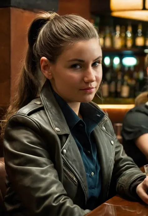 cinematic film still <lora:Susann_SDXL_v1.0-000004:1> 
(Cinematic scene:1.1) in a famous movie, ohwx woman, pony tail, sitting in a dimly lit bar, low key lighting, 2019, 8k, uhd, dslr, heavy film grain, leather jacket, happy expression, realism details in the texture of the jacket and skin. . shallow depth of field, vignette, highly detailed, high budget, bokeh, cinemascope, moody, epic, gorgeous, film grain, grainy