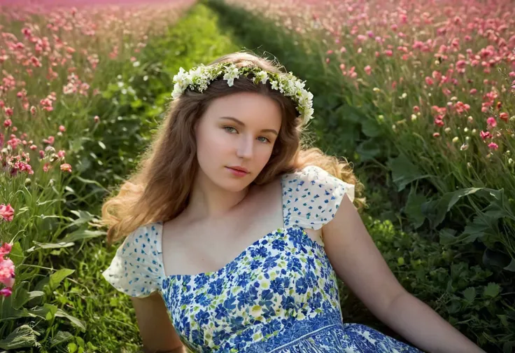 cinematic film still <lora:Susann_SDXL_v1.0-000004:1>
Dreamy portrait, ohwx woman, lying in a flower field, natural lighting, 2021, 8k, uhd, dslr, soft focus, floral wreath, summer dress, porcelain skin, flowing hair, realism details in the texture of the flowers and skin . shallow depth of field, vignette, highly detailed, high budget, bokeh, cinemascope, moody, epic, gorgeous, film grain, grainy