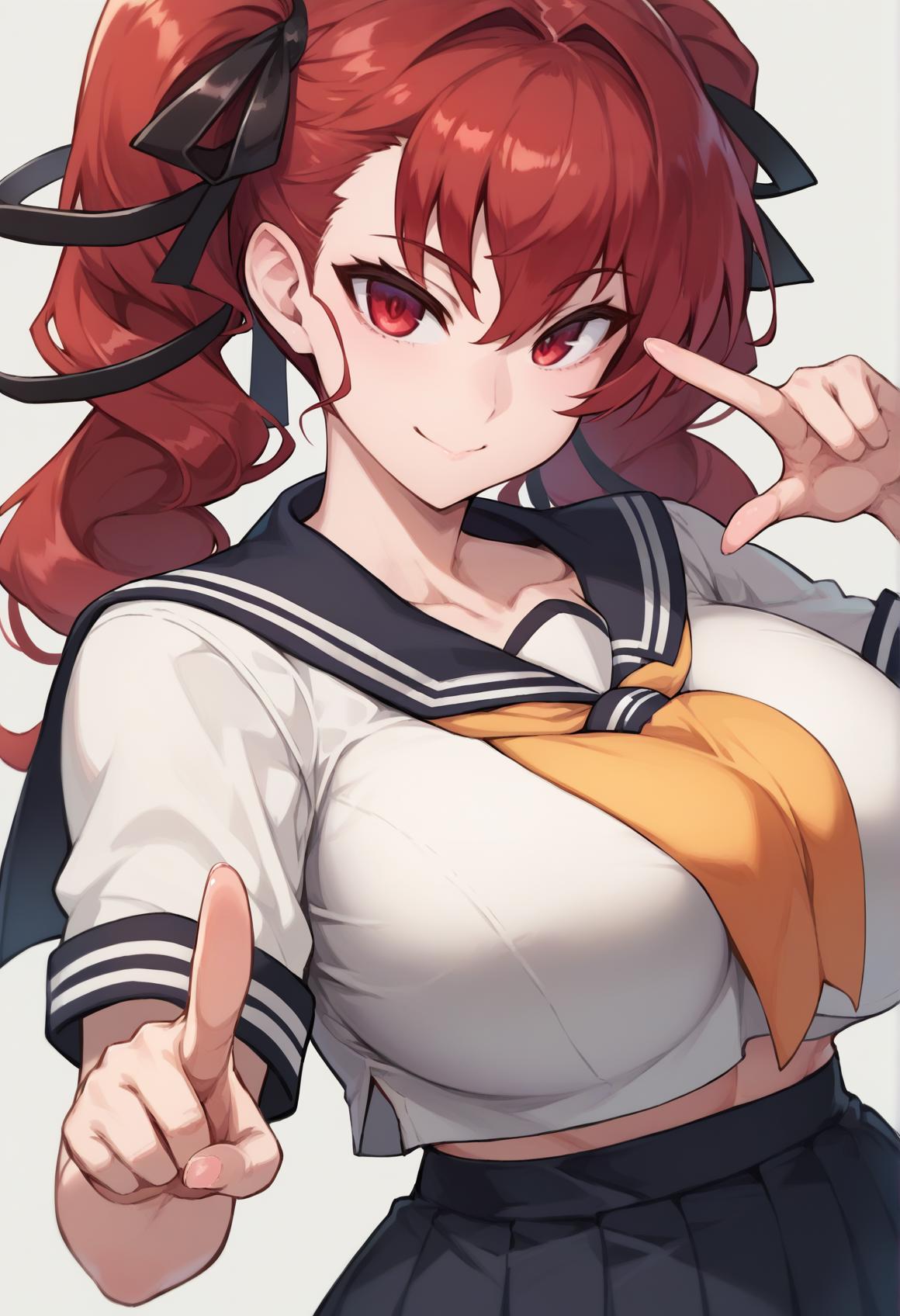 Anime girl with red hair and a sailor outfit pointing at the camera ...