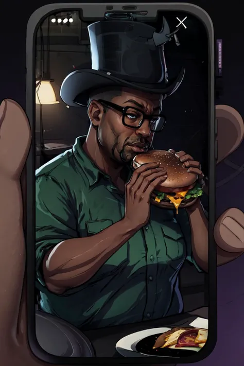 (masterpiece, best quality, 4k, detailed, intricate, realistic),IncrsPhone, two-handed burger,bigsmoke,black headwear,green shirt,plump,holding a huge burger with both hands, eating,close-up <lora:StevechopzPhone:1> <lora:BigSmoke:0.75> <lora:borger-nvwls-v4:0.8>