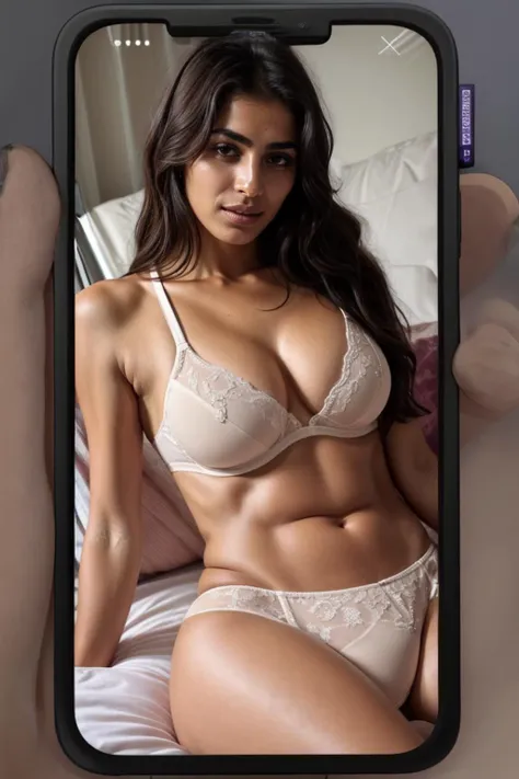RAW photo, IncrsPhone, pakistani woman, bra, panties, bedroom, london, 8k uhd, dslr, soft lighting, high quality, film grain, Fujifilm XT3,    
 <lora:StevechopzPhone:1>