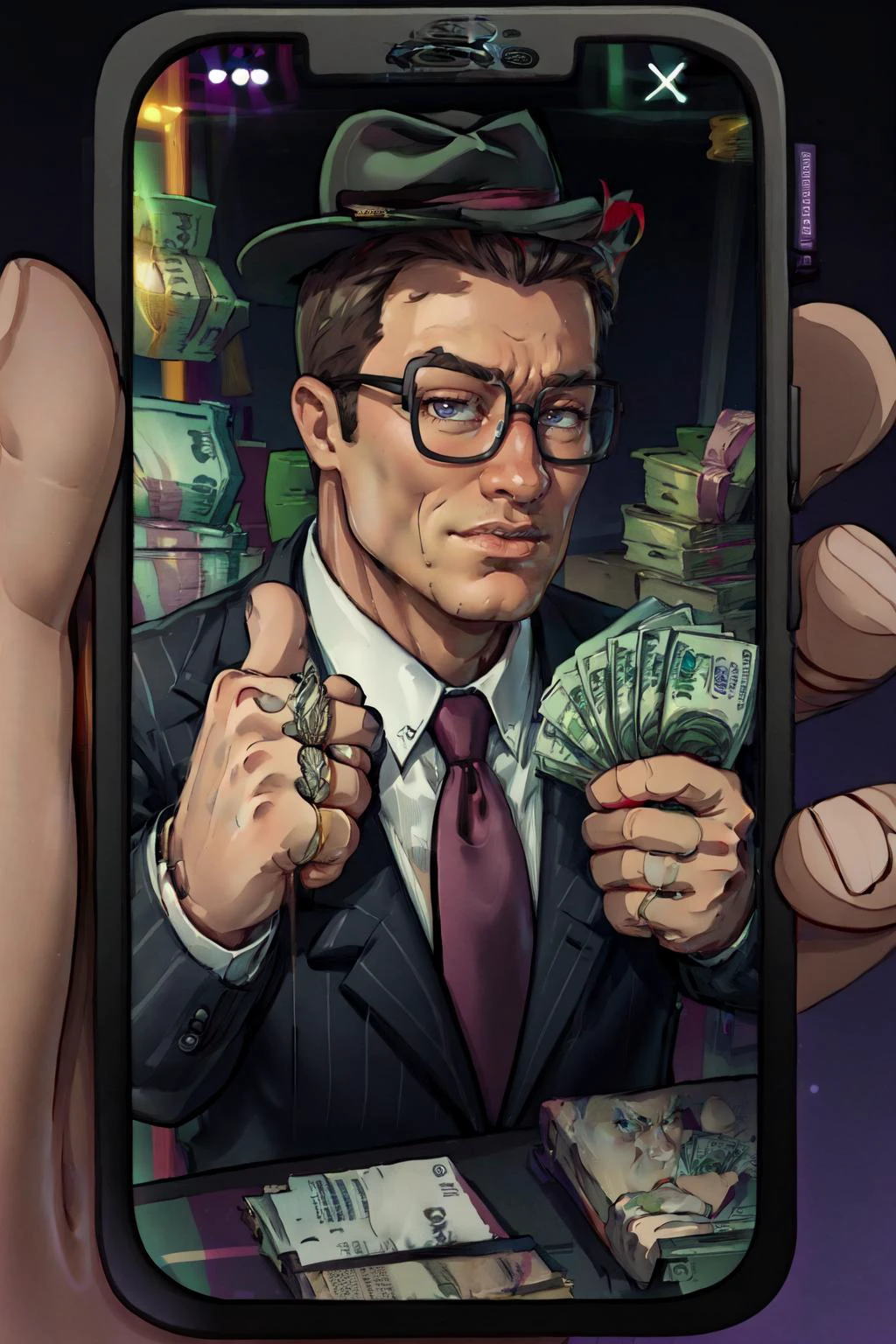 (masterpiece, best quality, 4k, detailed, intricate, realistic),IncrsPhone,gangstersb,hank hill,mature male,male focus,upper body, money, holding, holding money, thumbs up,hat, suit, jewelry, necktie, <lora:StevechopzPhone:1> <lora:gangstersb:0.8> <lora:Hank_Hill_SD_1.5:0.8>