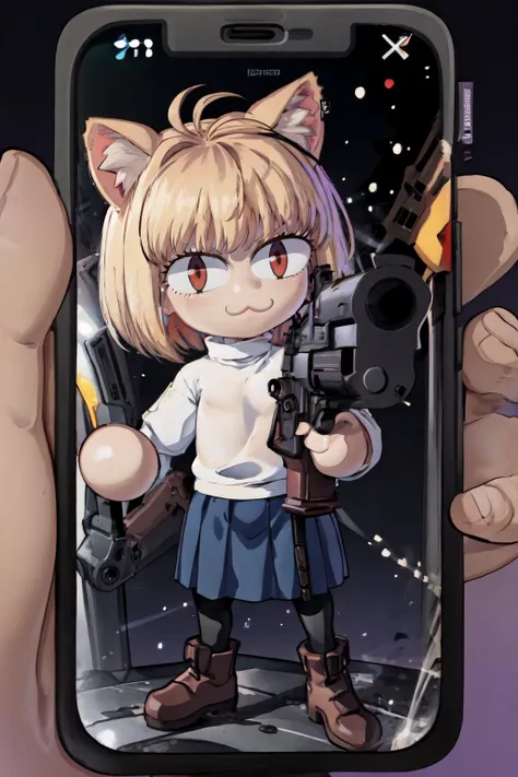 (best quality),simple background,IncrsPhone,gunatyou,necoarc,gun, aiming at viewer,animal ears, cat ears, blonde hair, slit pupils, :3, bangs, chibi:1.3, antenna hair, short hair, cat girl,white turtleneck, blue skirt, pleated skirt, brown footwear, pantyhose,red eyes <lora:StevechopzPhone:1>  <lora:pointinggun:0.7>  <lora:necoarc:1>