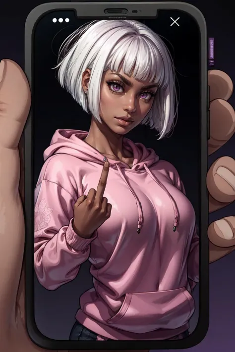 (masterpiece, best quality, 4k, detailed, intricate, realistic),IncrsPhone, middle finger,dark-skinned female,bob cut,blunt bangs,white hair,pink eyes,hoodie <lora:StevechopzPhone:0.8> <lora:midfinger-left-v2-wasabiya:0.8>