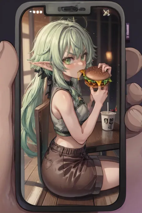 highres, 8k,flat chest, fat elf girl sitting at the table and eating burger, green hair, fat waist, full body, from side, looking at viewer with crossed eyebrows, angry <lora:high_elf_archer:0.7> high_elf_archer, pointy ears, long hair, sidelocks, hair bow, brown shorts <lora:borger-nvwls-v4:0.5> two-handed burger, eating, holding a huge burger with both hands,<lora:StevechopzPhone:1> incrsphone  <lora:weight_slider:4>