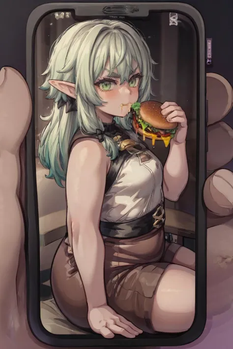 highres, 8k,flat chest, fat elf girl sitting at the table and eating burger, green hair, fat waist, full body, from side, looking at viewer with crossed eyebrows, angry <lora:high_elf_archer:0.7> high_elf_archer, pointy ears, long hair, sidelocks, hair bow, brown shorts <lora:borger-nvwls-v4:0.5> two-handed burger, eating, holding a huge burger with both hands,<lora:StevechopzPhone:1> incrsphone  <lora:weight_slider:4>