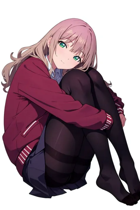 Minami Yume,facing viewer,head tilt,sitting,hug own legs,pantyhose, no shoes,