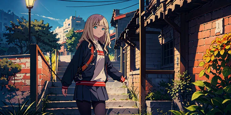 masterpiece, best quality, highres, 8k, 8k wallpaper, official art, official wallpaper,cityscape, stars, moon, landscape background, warm light, <lora:improveBackgrounds_v10:0.5> ,<lora:Minami Yume:0.6>,(1girl,dynamic pose), minami yume,blonde hair,outdoors, looking away,closed mouth,smile, detailed background, (beautiful face,beautiful eyes:1.1), detailed hair, pleated skirt, (lens 135mm f1.8,Core shadow,cinematic light,dynamic light,particle lighting,dramatic light:1.1),(High resolution,octane render,hyper detailed ray tracing,8k:1.2),illustration, extremely detailed figure,ultra-detailed, illustration, foreground, middle ground, background, perspective, light, color, texture, detail, beauty, wonder,figurative, representational, impressionistic, expressionistic, abstract, innovative, experimental,(depth of field:0.6), (see-through:0.8)