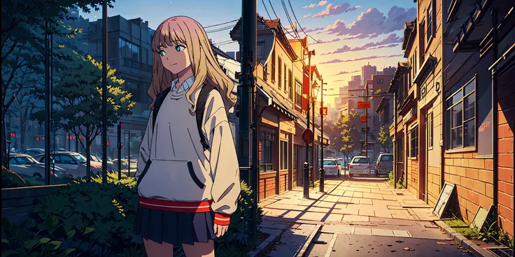 masterpiece, best quality, highres, 8k, 8k wallpaper, official art, official wallpaper,cityscape, stars, moon, landscape background, warm light, <lora:improveBackgrounds_v10:0.5> ,<lora:Minami Yume:0.6>,(1girl,dynamic pose), minami yume,blonde hair,outdoors, looking away,closed mouth,smile, detailed background, (beautiful face,beautiful eyes:1.1), detailed hair, pleated skirt, (lens 135mm f1.8,Core shadow,cinematic light,dynamic light,particle lighting,dramatic light:1.1),(High resolution,octane render,hyper detailed ray tracing,8k:1.2),illustration, extremely detailed figure,ultra-detailed, illustration, foreground, middle ground, background, perspective, light, color, texture, detail, beauty, wonder,figurative, representational, impressionistic, expressionistic, abstract, innovative, experimental,(depth of field:0.6), (see-through:0.8)