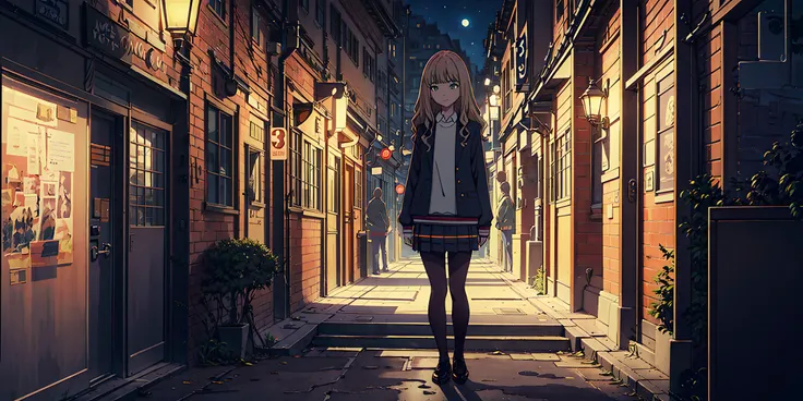 masterpiece, best quality, highres, 8k, 8k wallpaper, official art, official wallpaper,cityscape, stars, moon, landscape background, warm light, <lora:improveBackgrounds_v10:0.5> ,<lora:Minami Yume:0.6>,(1girl,dynamic pose), minami yume,blonde hair,outdoors, looking away,closed mouth,smile, detailed background, (beautiful face,beautiful eyes:1.1), detailed hair, pleated skirt, (lens 135mm f1.8,Core shadow,cinematic light,dynamic light,particle lighting,dramatic light:1.1),(High resolution,octane render,hyper detailed ray tracing,8k:1.2),illustration, extremely detailed figure,ultra-detailed, illustration, foreground, middle ground, background, perspective, light, color, texture, detail, beauty, wonder,figurative, representational, impressionistic, expressionistic, abstract, innovative, experimental,(depth of field:0.6), (see-through:0.8)