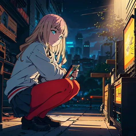 masterpiece, best quality, highres, 8k, 8k wallpaper, official art, official wallpaper,cityscape, stars, moon, landscape background, warm light, <lora:improveBackgrounds_v10:0.5> ,<lora:Minami Yume:0.6>,solo,(1girl:2.0,squatting inside cab, using joystick), minami yume,blonde hair,outdoors, looking away,closed mouth,smile, detailed background, (beautiful face,beautiful eyes:1.1), detailed hair, detailed fingers,pleated skirt, (lens 135mm f1.8,Core shadow,cinematic light,dynamic light,particle lighting,dramatic light:1.1),(High resolution,octane render,hyper detailed ray tracing,8k:1.2),illustration, extremely detailed figure,ultra-detailed, illustration, foreground, middle ground, background, perspective, light, color, texture,(depth of field:0.6), (see-through:0.8),monitors,machines, computer, instrument, controller, power_lines,science fiction, cyberpunk,cellphone