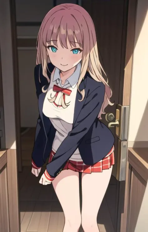 (SFW), masterpiece, best quality, highres 64k, professional artwork, famous artwork, clean, cinematic lighting, beautiful eyes + detail, beautiful hair + detail, (very sexy young female body:1.4), (erotic medium breasts, lactation), happy:1.3, smile:1.3, erotic looking at the viewer, floating hair, (((minami yume))), uniform, oversize jacket, indoors, open door, (Welcome home),<lora:Minami Yume:0.6>