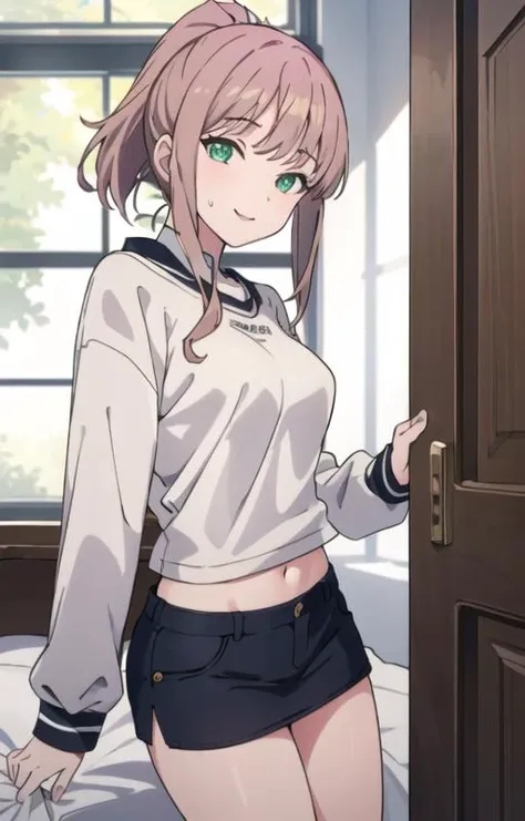 (SFW:1.3), masterpiece, best quality, highres 64k, professional artwork, famous artwork, clean, cinematic lighting, beautiful eyes + detail, beautiful hair + detail, (sexy young female body:1.4), ( small medium breasts, lactation), happy:1.3, smile:1.3, erotic looking at the viewer, floating hair, (((minami yume:1.2, green eyes, ponytail, oversized clothes, ))), indoors, open door, bedroom, (Welcome home),<lora:Minami Yume:0.45>