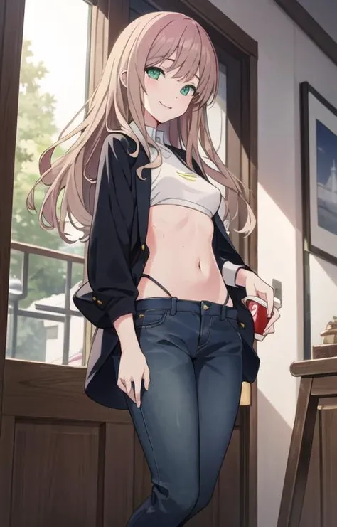 (SFW:1.3), masterpiece, best quality, highres 64k, professional artwork, famous artwork, clean, cinematic lighting, beautiful eyes + detail, beautiful hair + detail, (sexy young female body:1.4), ( small medium breasts, lactation), happy:1.3, smile:1.3, erotic looking at the viewer, floating hair, (((minami yume:1.2, green eyes, boyfriend's clothes ))), indoors, open door, bedroom, (Welcome home),<lora:Minami Yume:0.45>