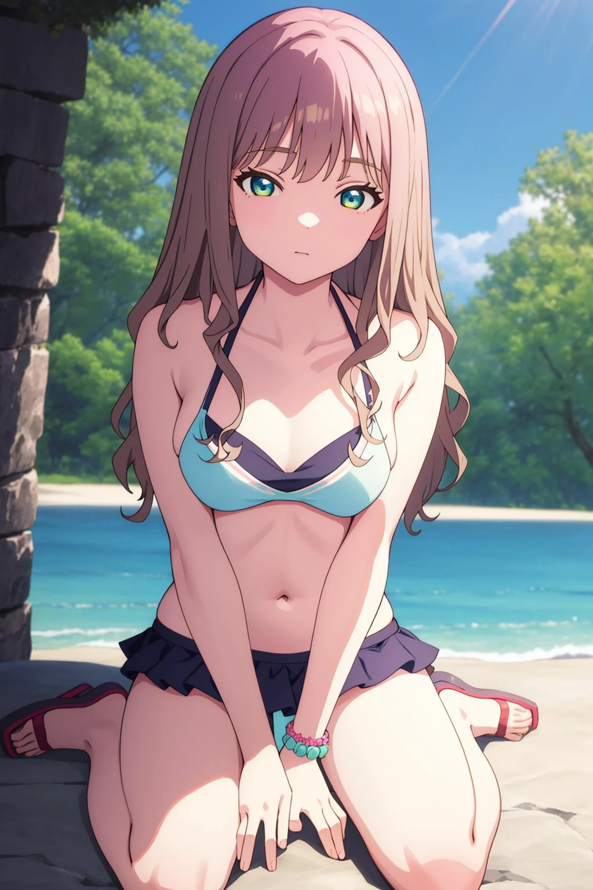 Minami Yume,facing viewer,wariza,hands between legs,bikini,