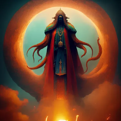 1 photo, (RainbowWorld:0.75) (CthuluBishop:1.25) Cthulu Priest Standing above fire in the afterlife. "! " by Dovid