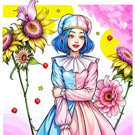 <lora:add_detail:1>, <lora:Satsuki_Iranami_SD15:1>, short hair, (masterpiece, top quality, best quality, official art, beautiful and aesthetic:1.2), extreme detailed, colorful,highest detailed, modern anime, recent anime, (((1girl))), solo, Satsuki Iranami, clown nose, jester's cap, red blush, Danganronpa Another uniform, 1girl, blue, pink, two-toned jester outfit, two toned jester outfit, one half blue, one half pink, two toned jester cap, two-toned jester cap, blue and pink jester cap, yellow eyes, white ruffled collar, yellow buttons, curled shoes, disgusted expression , , 1girl solo, large pink room, white and pink tiled floor, pink walls, white strawberry lined walls, playground, slide, monkey bars, swing, yellow television, right corner, pink bench behind tv, flower arrangement, sunflowers, red berries, yellow flowers, jabberwock island, strawberry house