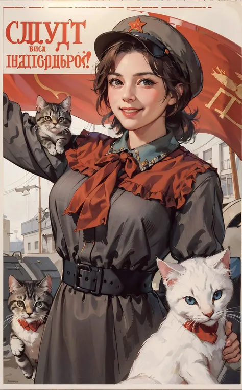 (best quality:1.2), woman with kitty, smile, looking at camera, soviet union, poster, <lora:soviet-poster:0.7>
