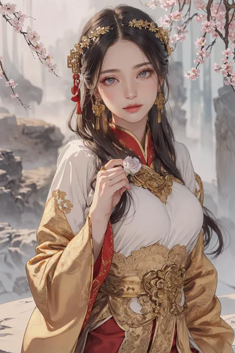 1girl, solo, (((gold and red dress))), flowers, jewelry, long sleeves, wide sleeves, chinese clothes, hanfu, embroidery, long skirt, long flowing hair, detailed face, detailed beautiful eyes, (intricate:1.3), (arcane aura:1.2), (dreamlike:1.3), (subtle mist:1.1),(vibrant colors:1.2), (detailed hair:1.3), (ultra realistic details:1.5), <lora:xrs2.0:0.5>