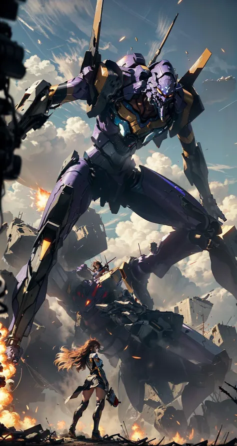 "(Mech Warrior) Enter a world where a fearless young girl pilots a colossal mech, ready to take on any challenge that comes her way. Picture an epic battle scene with a backdrop of a war-torn city or a futuristic dystopian landscape. The girl's mech stands tall and powerful, adorned with intricate details and advanced technology. Capture the intensity of the moment as she unleashes devastating attacks or engages in a dynamic combat pose. The atmosphere is charged with energy, with swirling dust, sparks, or dynamic lighting effects illuminating the scene. Emphasize the contrast between the delicate yet determined features of the girl and the massive, imposing presence of the mech. Let the viewer feel the thrill and adrenaline as they witness this awe-inspiring display of strength and bravery."<lora:EVAII:0.6>, EVAGOD, EVA 01,