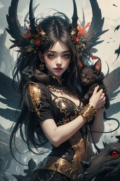 school girl 16 yo, smile, looking at viewer, ethereal background, holding cute little demon, (dramatic angle, dynamic pose), <lyco:GPTS6 Hella-sthetic_424353:1.0>