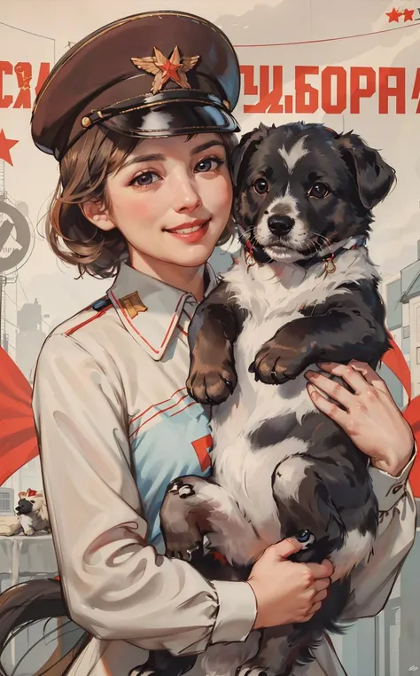(best quality:1.2), woman with puppy, smile, looking at camera, soviet union, poster, <lora:soviet-poster:0.7>