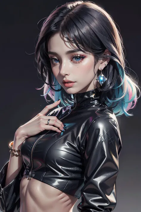 (masterpiece:1.2, best quality), (1lady, solo, upper body:1.2), Hair: shaved on one side, long on the other side, dyed bright blue, Makeup: bold, graphic eyeliner with rhinestones on the outer corners of the eyes, Clothing: a handmade, one-of-a-kind, patchwork jacket with fringe, paired with black leather shorts and fishnet stockings, Accessories: a silver nose ring and multiple ear piercings with unique jewelry pieces, Attending a music festival or alternative fashion event