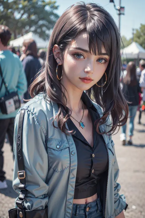 (masterpiece:1.2, best quality), (1lady, solo, upper body:1.2), Hair: shaved on one side, long on the other side, dyed bright blue, Makeup: bold, graphic eyeliner with rhinestones on the outer corners of the eyes, Clothing: a handmade, one-of-a-kind, patchwork jacket with fringe, paired with black leather shorts and fishnet stockings, Accessories: a silver nose ring and multiple ear piercings with unique jewelry pieces, Attending a music festival or alternative fashion event