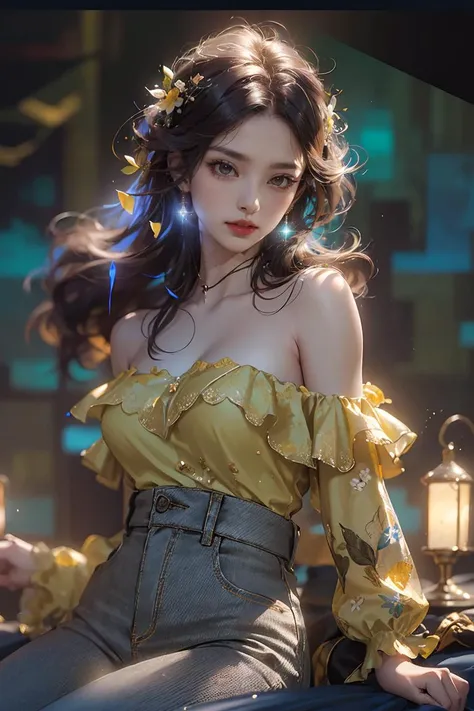(photorealistic:1.3), ultra detailed, beautiful and aesthetic, masterpiece,best quality,lifelike rendering,moody lighting,
1girl,solo,
Yellow off-shoulder blouse with black pants,breasts,
(glowing ambiance, enchanting radiance, luminous lighting, ethereal atmosphere, mesmerizing glow, evocative hues, captivating coloration, dramatic lighting, enchanting aura),
 <lora:oc_v10:0.34>  <lora:LowRAv2:0.6>