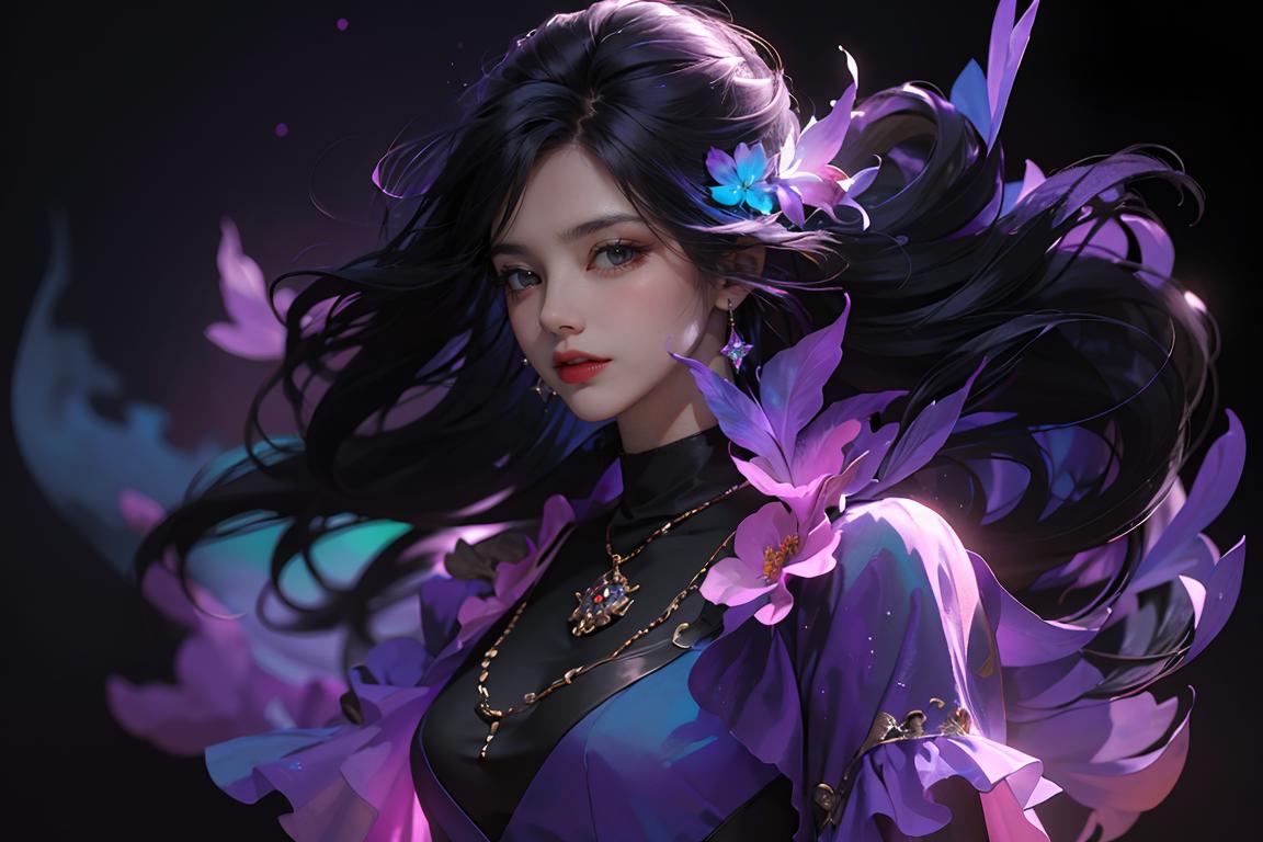 A close up of a woman with long hair and a purple dress - SeaArt AI