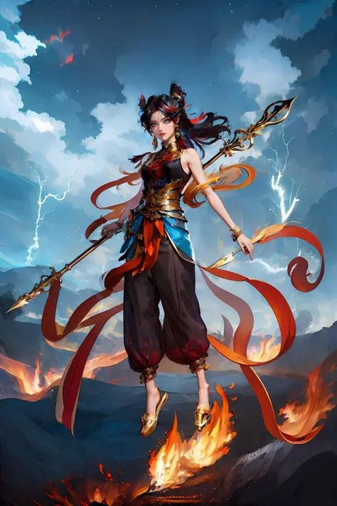 best illustration, realistic details, beautiful, seductive face, tanned skin, detailed skin,
detailed light, cinematic lighting, lens flare, light leaks, beautiful detailed glow,
((1girl, full body,solo)), cold face,nezha, <lora:nezha_20230529030816:0.75>,
holding spear, (flying), chinese mythology,detailed sky,tsunami,storm, abstract background, (flame_surge_style:1),(Elegant clothes:1.5)