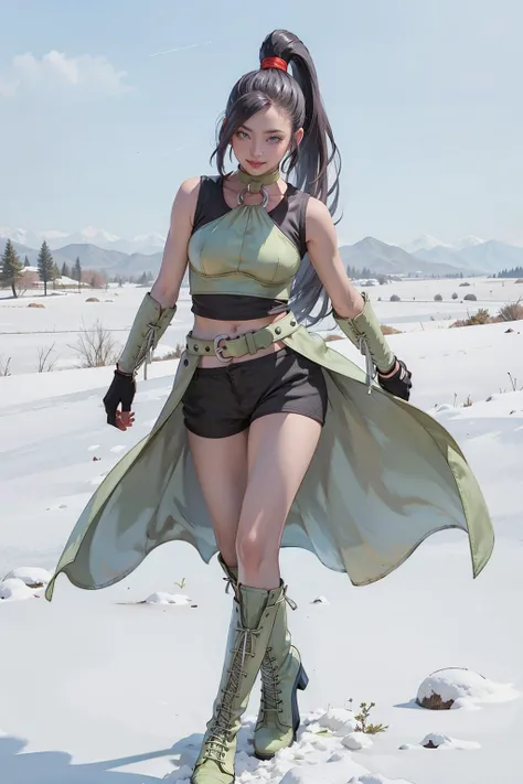 (1girl, martina, purple eyes, purple hair, very long hair, ponytail, hair scrunchie, green choker, o-ring top, tank top, sleeveless, fingerless gloves, green gloves, waist cape, black shorts, green belt, boots, smile),
Graceful poise, evocative atmosphere, magnetic presence, refined seduction, captivating mystique,
Intricate zentangle patterns, a single female figure, astonishing level of detail, generously endowed, full-body composition, striking perspective, a chaotic masterpiece, gracefully poised, inspired by brutalist architecture, vibrant color palette, undertones, outdoors, snow environment