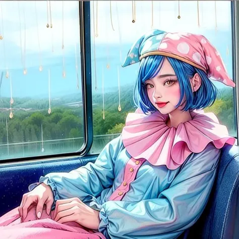 <lora:add_detail:1>, <lora:Satsuki_Iranami_SD15:1>, short hair, (masterpiece, top quality, best quality, official art, beautiful and aesthetic:1.2), extreme detailed, colorful,highest detailed, modern anime, recent anime, (((1girl))), solo, Satsuki Iranami, clown nose, jester's cap, red blush, Danganronpa Another uniform, 1girl, blue, pink, two-toned jester outfit, two toned jester outfit, one half blue, one half pink, two toned jester cap, two-toned jester cap, blue and pink jester cap, yellow eyes, white ruffled collar, yellow buttons, curled shoes, grateful expression , Train window seat. Quietly relaxing. Warm blanket. Head leaning against the window. Calm and peaceful expression. Dim and cold weather, very cloudy sky, raining, condensation or dew on the window, forest background. rich in detail, sense of tranquility and coldness, overcast sky, cozy and comfortable atmosphere, soft lighting