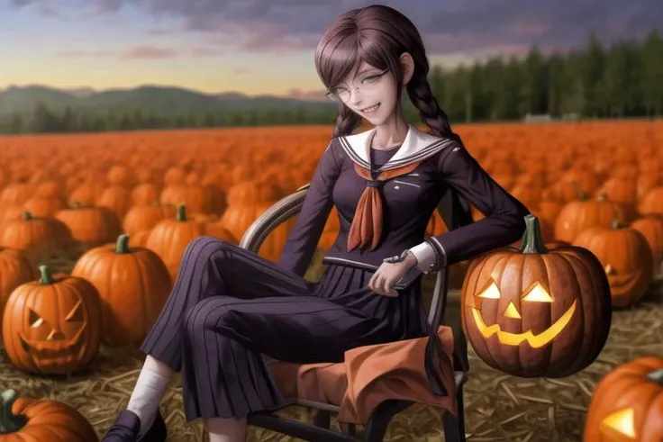 <lora:add_detail:1>, Best quality, masterpiece, ultra high res, (photorealistic:1.4), photo, photograph, solo, photo, photograph, 1girl, solo, <lora:Toko_Fukawa_and_Sho_SD15:1>, Toko Fukawa, danganronpa, dr1anime, 1girl, solo, school uniform, long sleeves, sailor collar, pleated skirt, neckerchief, black uniform, long hair, purple hair , The person is shocked and surprised to encountere a skeleton juggling a jack o lantern, surrounded by people wearing pumpkin clothes with jack o lantern heads, golden field, creepy , relieved expression , sitting on chair