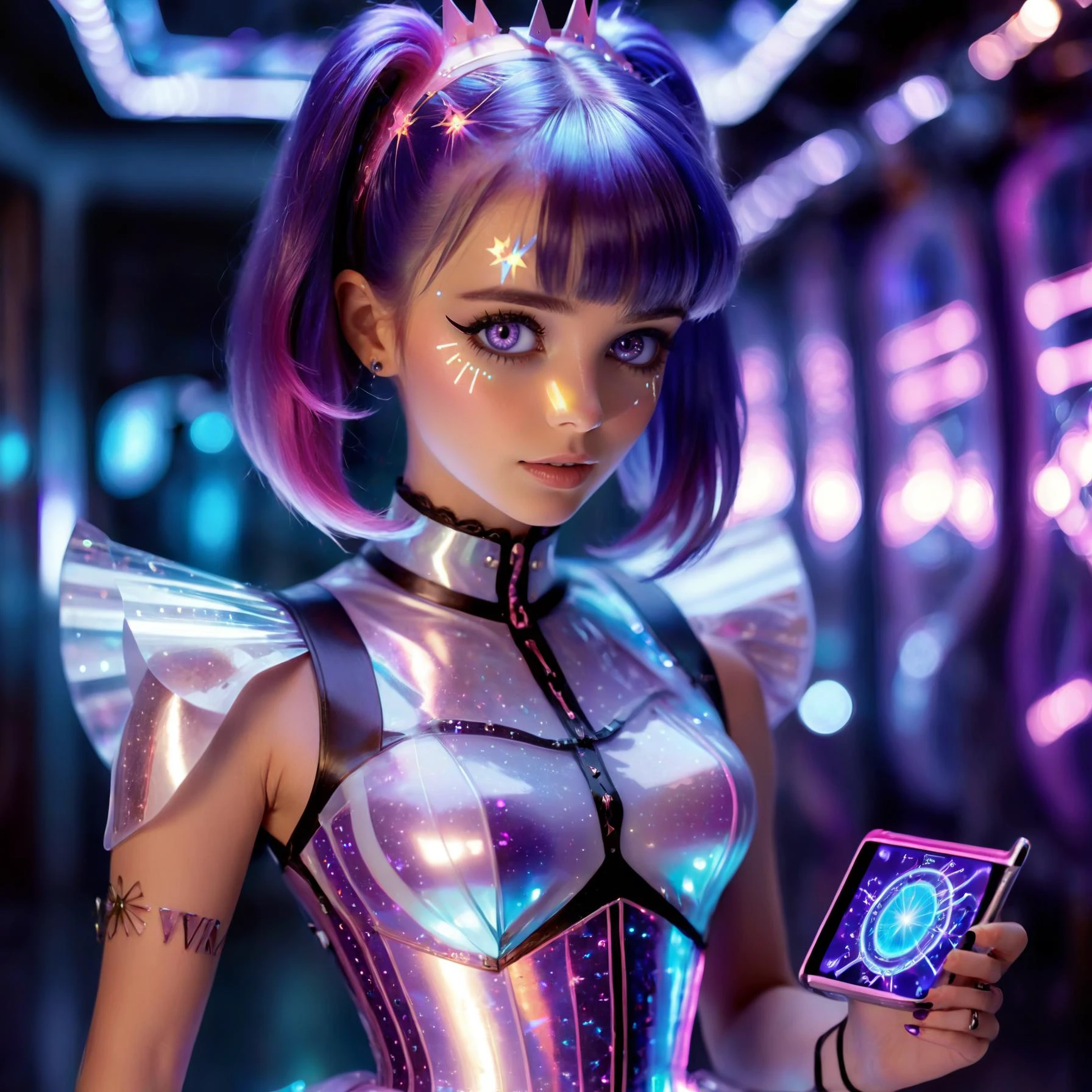 f/1.4 lens, photorealistic, photo of a humanoid Twilight Sparkle fixing a futuristic device, tinkering with tech, <lora:twiggyxlv3:1.4>, twiggy girl, <lora:add-detail-xl:3.0>, <lora:cyberpunk_xl_v1:1.0>, ((ray tracing)), wearing a skirt AND corset, ((solo)), scifi, holographic skin, <lora:xl_n15g_aio_hairstyles-1.0:0.8>, ((purple hair with a (pink stripe))), medium breasts, storms of saturn, ((random camera angle)), <lora:DonMM4ch1n3W0rldXL:0.8>, DonMM4ch1n3W0rldXL, synth, <lora:edgFuturisticXL:1.0>, electric circuits, (cybernetic implants)