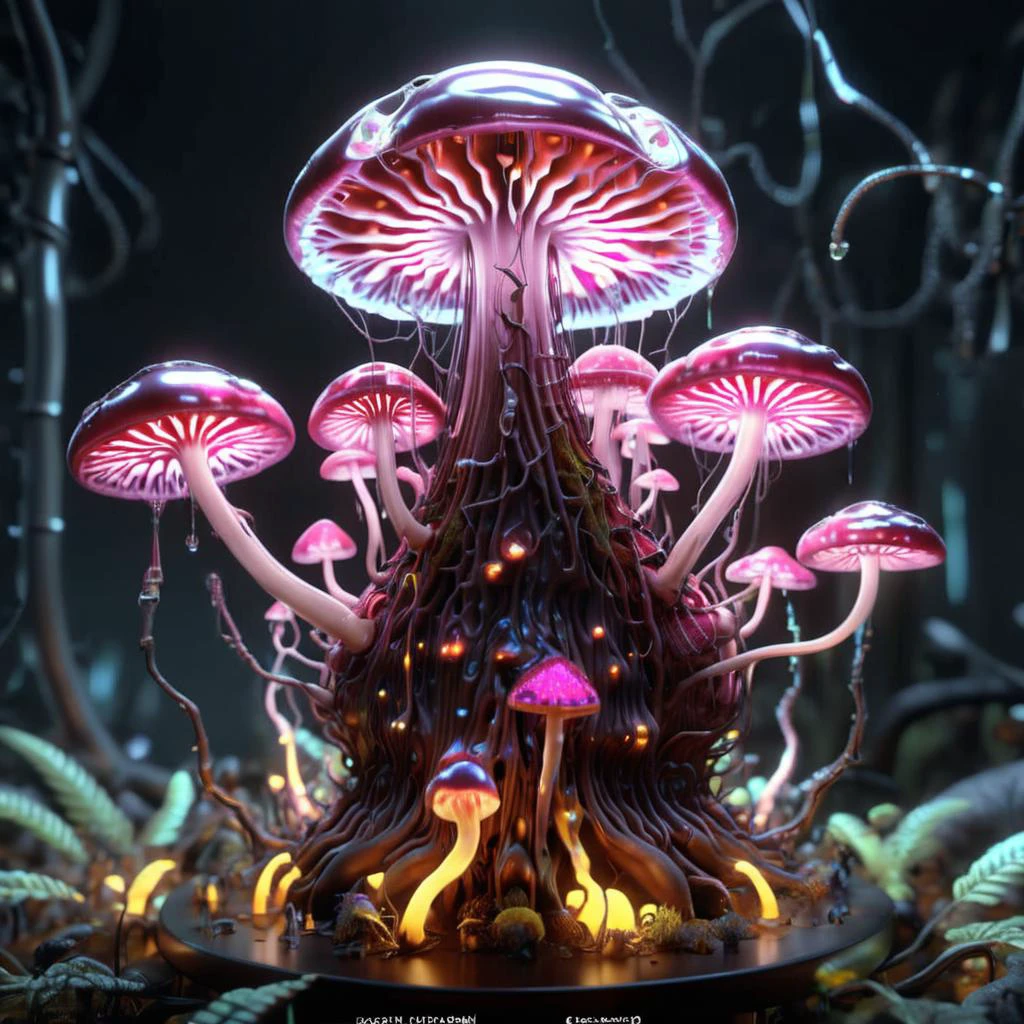 ((best quality)), ((masterpiece)), ((realistic,digital art)), (hyper detailed),teslapunkai DonMM4ch1n3W0rldXL Magenta Wee Saddle-shaped Powdery mushroom, Gelatinous Texture, Leathery, Beneficial Mycorrhizae, Freshwater, Effuse, Illuminated, Brown Spore Print Sinuate Gills, Clear Latex, Gamboge Gradually Tapering and Rhizomorphic Base, Health-enhancing, , octane rendering, raytracing, volumetric lighting, Backlit,Rim Lighting, 8K, HDR, <lora:TeslaPunkAIXLv2:0.7> <lora:DonMM4ch1n3W0rldXL:0.65>