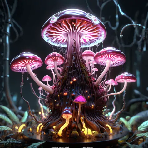 ((best quality)), ((masterpiece)), ((realistic,digital art)), (hyper detailed),teslapunkai DonMM4ch1n3W0rldXL Magenta Wee Saddle-shaped Powdery mushroom, Gelatinous Texture, Leathery, Beneficial Mycorrhizae, Freshwater, Effuse, Illuminated, Brown Spore Print Sinuate Gills, Clear Latex, Gamboge Gradually Tapering and Rhizomorphic Base, Health-enhancing, , octane rendering, raytracing, volumetric lighting, Backlit,Rim Lighting, 8K, HDR,  <lora:TeslaPunkAIXLv2:0.7> <lora:DonMM4ch1n3W0rldXL:0.65>