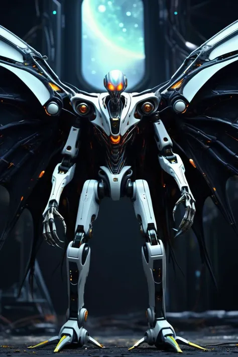 ((best quality)), ((masterpiece)), ((realistic,digital art)), (hyper detailed),DonMM4ch1n3W0rldXL Average Vibrant Extraterrestrial Alien Robotic, Bipedal Octomanual, Clawed Appendages, Bifurcated-Tailed, Tufted-Tailed, Scales, Bat Wings,, ,8K, HDR <lora:DonMM4ch1n3W0rldXL:0.8>
