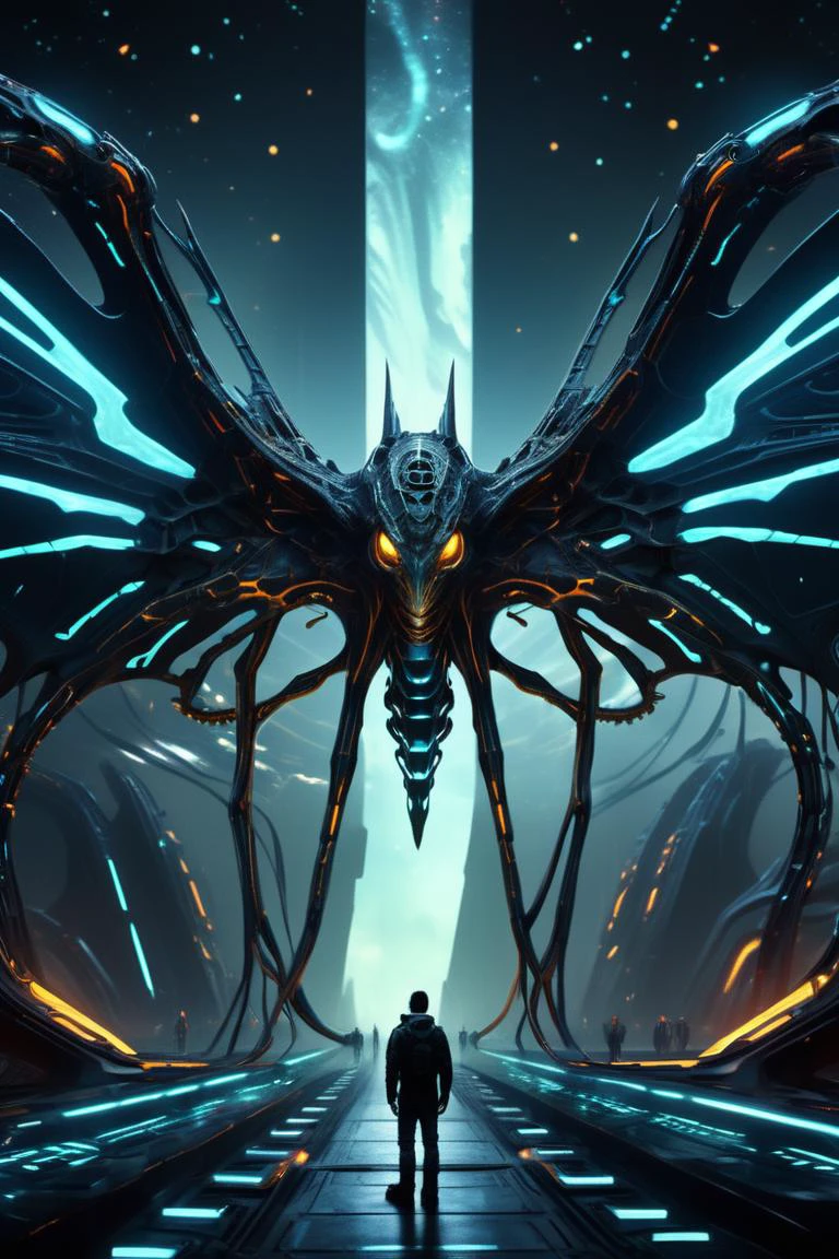 ((best quality)), ((masterpiece)), ((realistic,digital art)), (hyper detailed),DonMM4ch1n3W0rldXL Massive glowing markings Scifi Luxurious Serpentine, Multipedal Decamanual, Hoofed, Tufted-Tailed, Exoskeleton, Bat Wings,, ,8K, HDR <lora:DonMM4ch1n3W0rldXL:0.8>