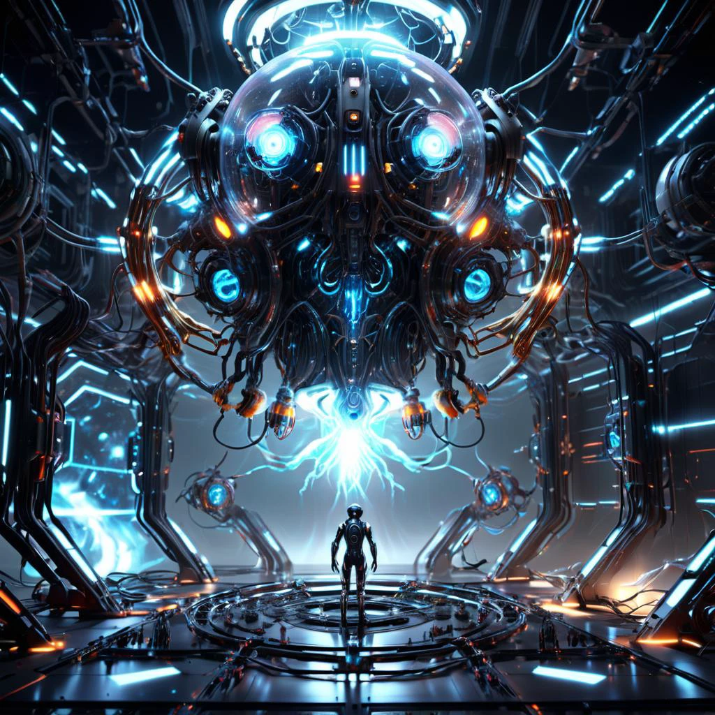 ((best quality)), ((masterpiece)), ((realistic,digital art)), (hyper detailed),teslapunkai DonMM4ch1n3W0rldXL Celestial Robotics and AI Lab, Antigravity Suspension Platforms, In-Ground Well Lights, Downlighting, octane rendering, raytracing, volumetric lighting, Backlit,Rim Lighting, 8K, HDR, <lora:TeslaPunkAIXLv2:0.7> <lora:DonMM4ch1n3W0rldXL:0.65>