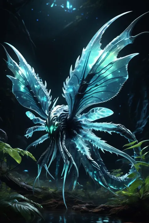 ((best quality)), ((masterpiece)), ((realistic,digital art)), (hyper detailed),DonMM4ch1n3W0rldXL Gigantic Bioluminescent Crystalline Raw Aquatic, Plantigrade Appendages, Prehensile-Tailed, Fur, Wyvern Wings,, ,8K, HDR <lora:DonMM4ch1n3W0rldXL:0.8>